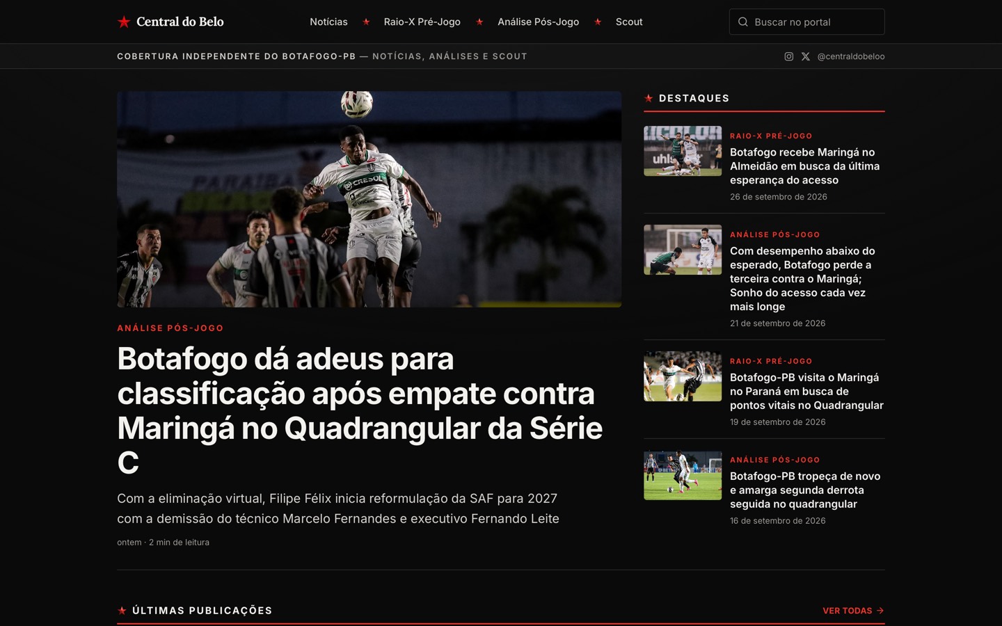 Página inicial do portal Central do Belo, com a matéria em destaque